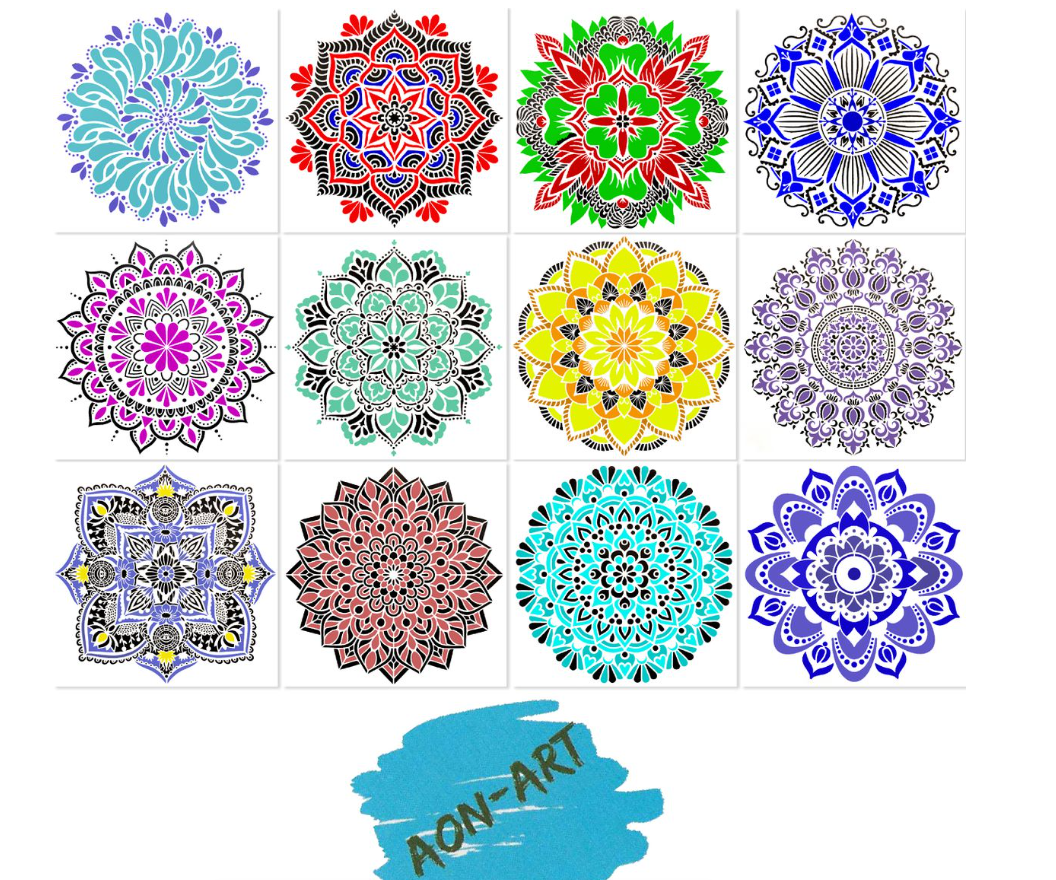 Aon-Art Large Mandala Reusable Stencils – 12 PACK (30cm X 30cm) – Laser Cut