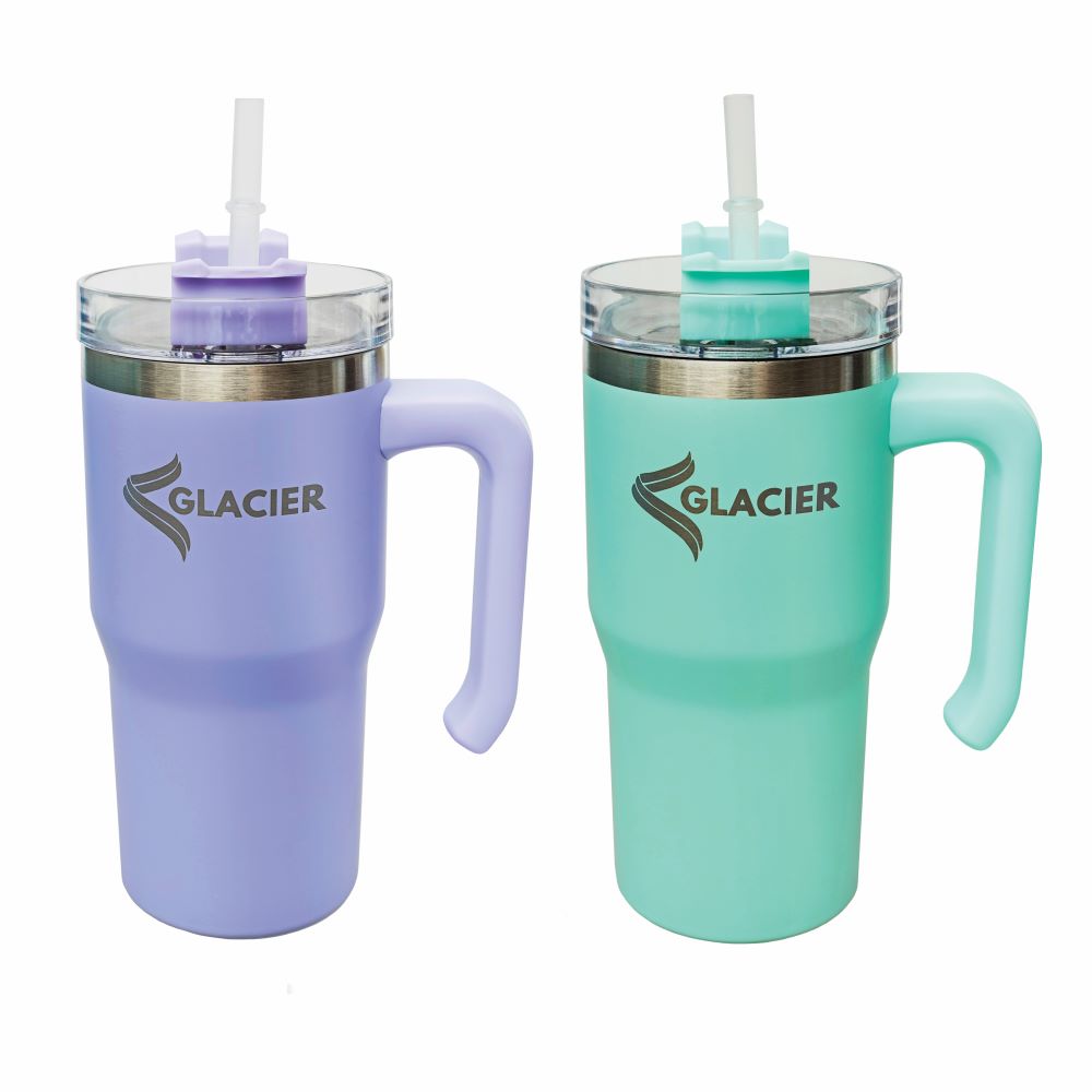 GLACIER 600ml Premium Double Wall Mugs Set Of 2 - with Handles + Straws
