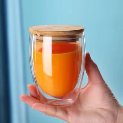 Creative Artglass Set oF 2 Double-Wall Glasses 350ml with Bamboo Lids
